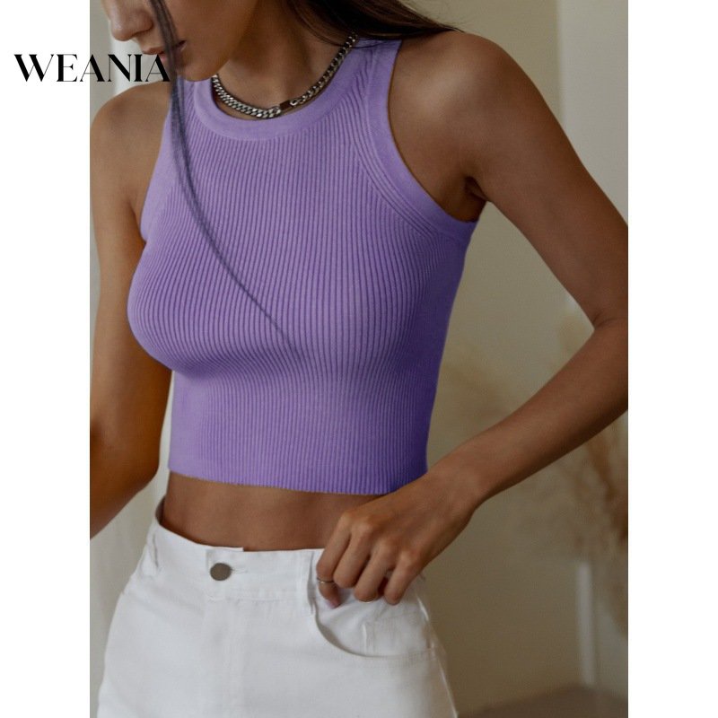Áo Tank Top Dệt Kim Cổ Tròn Thiết Kế Đơn Giản Quyến Rũ Cho Nữ