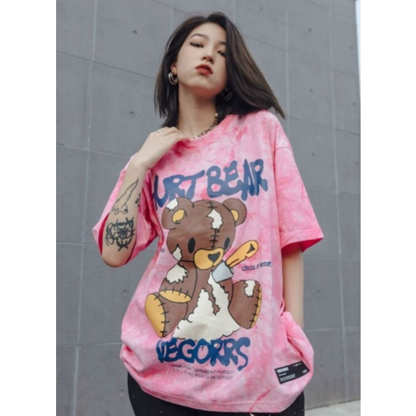 Áo tay lỡ loang hồng in gấu, nam nữ áo đôi unisex ulzzang - ẢNH THẬT