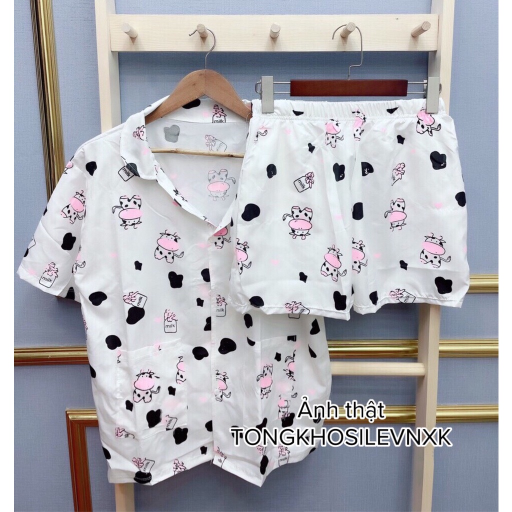 Bộ Pijama Ngủ Nữ Cộc Tay In Hình 5D Bò Sữa Tay Lỡ Hình Trái Tim - Set Quần Áo Ngủ 3 Hình Mẫu