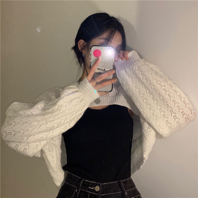 {HCM / CÓ SẴN}  SET ÁO LEN CROPTOP TRẮNG KÈM ÁO HAI DÂY ĐEN PHONG CÁCH HÀN QUỐC