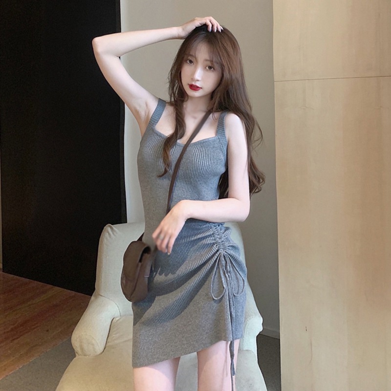 Đầm Cổ Vuông Dáng Ôm Màu Sắc Trơn Phối Dây Rút Thời Trang Mùa Hè Hàn Quốc Xinh Xắn