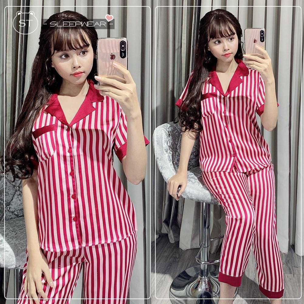 Đồ bộ pịama lụa tay ngắn quần dài (sọc trơn)