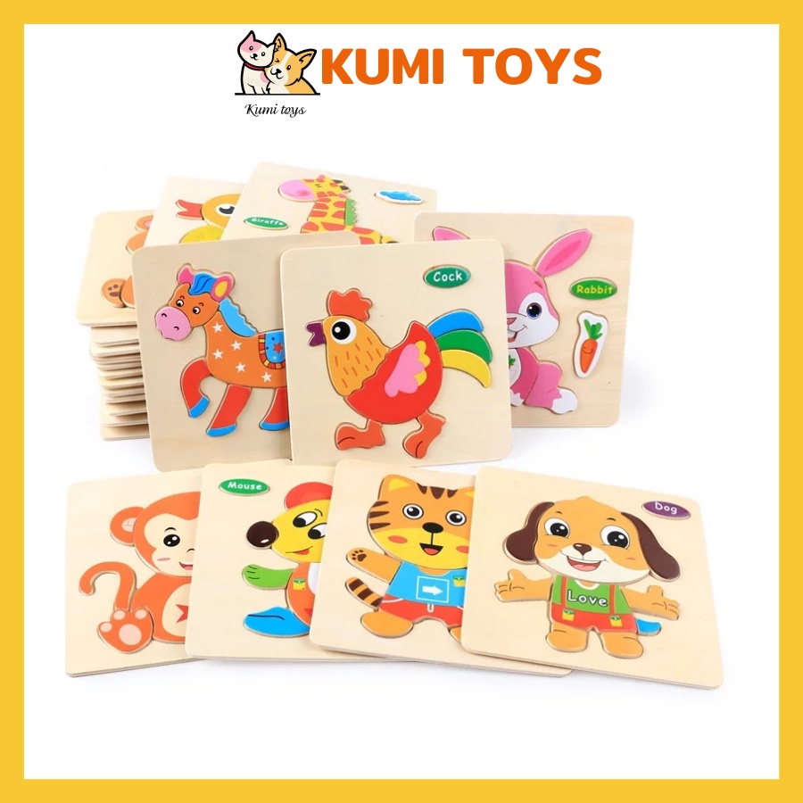 Tranh ghép hình gỗ nổi con vật, phương tiện ngộ nghĩnh cho bé Kumi toys