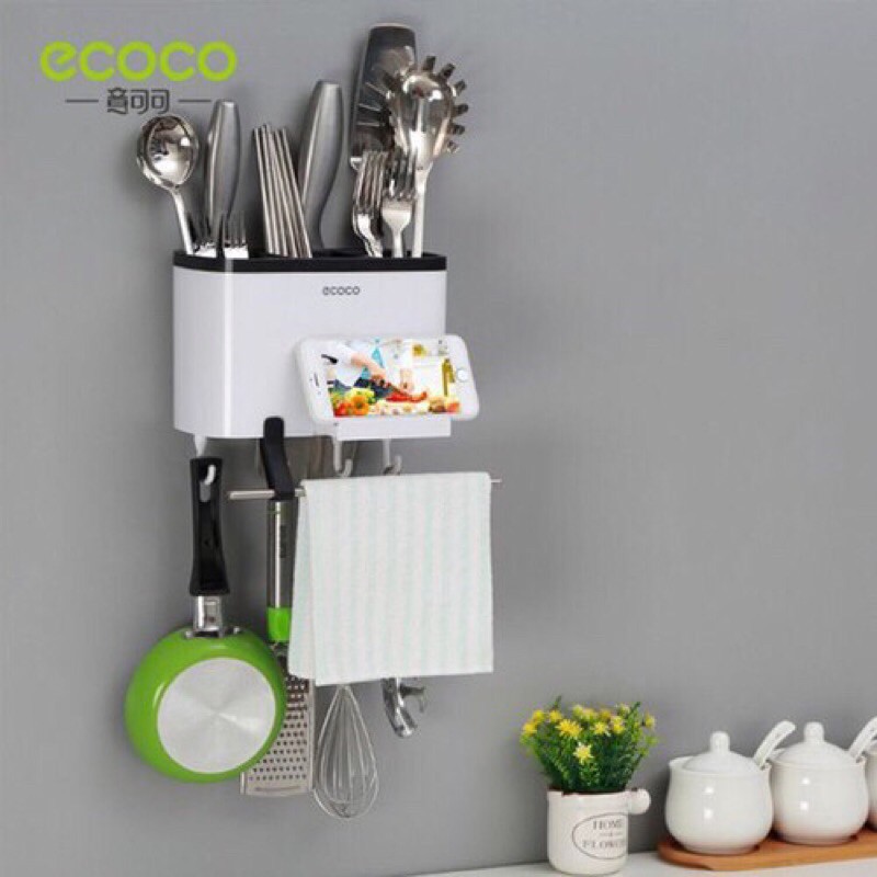 kệ để muỗng đũa Ecoco cao cấp , Hộp để muỗng có thanh treo khăn thông minh tiện dụng