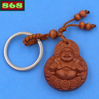 Móc chìa khóa tượng Phật Di lặc gỗ đào, móc khóa Phật cười