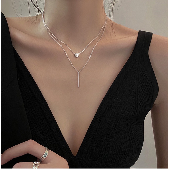 Vòng cổ Hai Lớp Bằng Bạc 925 Mặt Tròn Đính Đá Zircon Thời Trang Cho Nữ