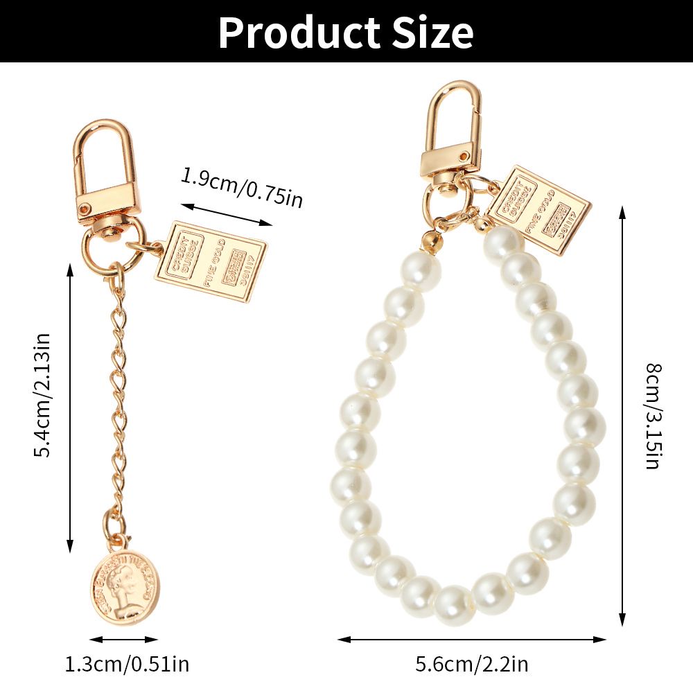 Móc khóa hình đồng xu đính ngọc trai nhân tạo xinh xắn phong cách vintage
