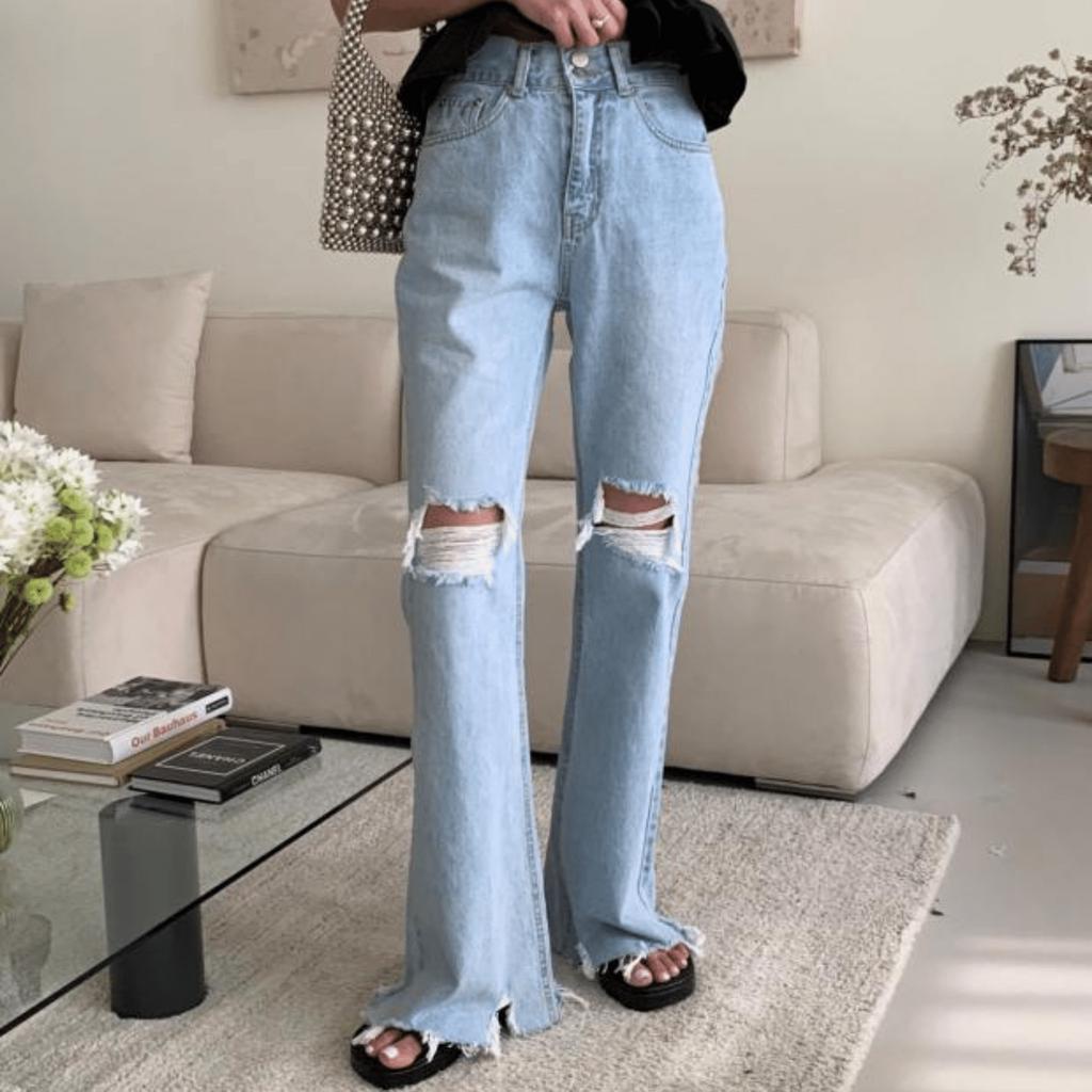 Q11|Quần jeans bò nữ ống rộng lưng cao rách gối hàn quốc basic dễ mặc đi học, đi chơi gd_order