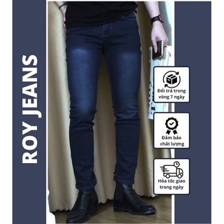 Quần jeans nam dài basic Royjeans xanh đen đậm wash trắng co giãn nhẹ phong cách thời trang retro (44 -97kg)
