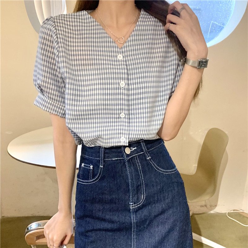 Áo sơ mi nữ ngắn tay cổ tim chữ V phong cách ulzzang Hàn Quốc S190