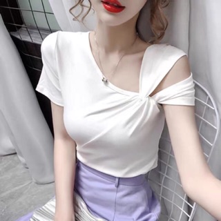 Áo nữ cộc tay xoắn vai chất zip cotton thấm hút mồ hôi tốt