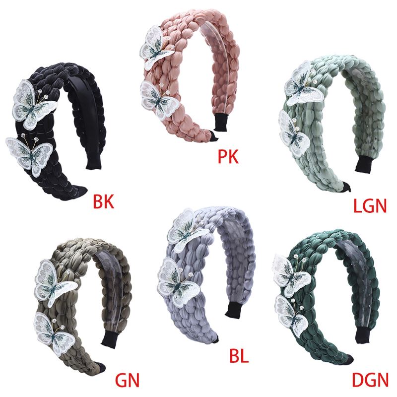 Băng Đô Cài Tóc Bện Bằng Nhựa Màu Trơn Thêu Hình Bướm 3D Thủ Công Ngọt Ngào Chống Trượt Cho Nữ