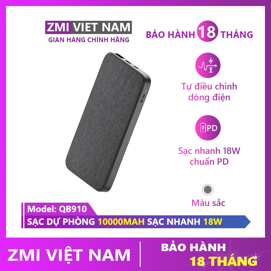 [ ZMI VIỆT NAM ] Sạc Dự Phòng ZMI QB910 10000mAh Chuẩn PD, 1 Cổng Type C, 1 Micro, 1 USB A | Bảo Hành 18 Tháng