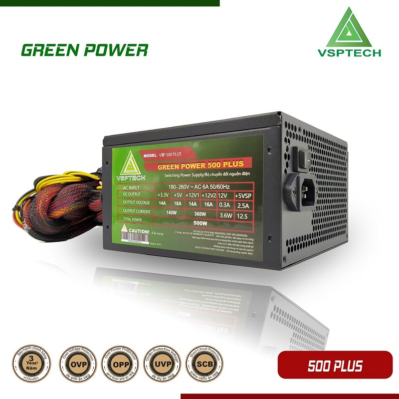 Nguồn Công Suất Thực 500W Vision Green Plus Power 500 VSP Phân Phối Chính Hãng (2x4+4pin, 6+2pin)