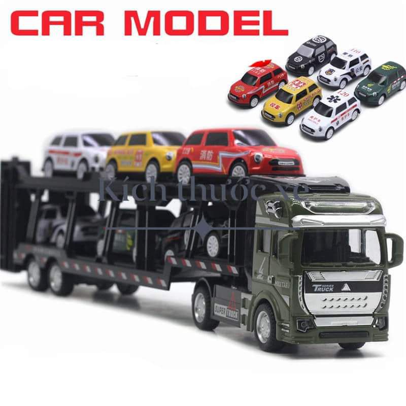 Đồ chơi xe container chở xe 6 xe còn đầu kim loại tỉ lệ 1:48
