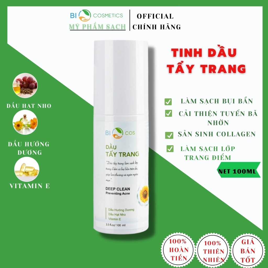 Dầu Tẩy Trang Cho Da Dầu Mụn,Nhạy Cảm,Hỗn Hợp,Da Khô BIOCOS Làm Sạch Bụi Bẩn,Bã Nhờn,Sản Sinh Collagen 100ml.