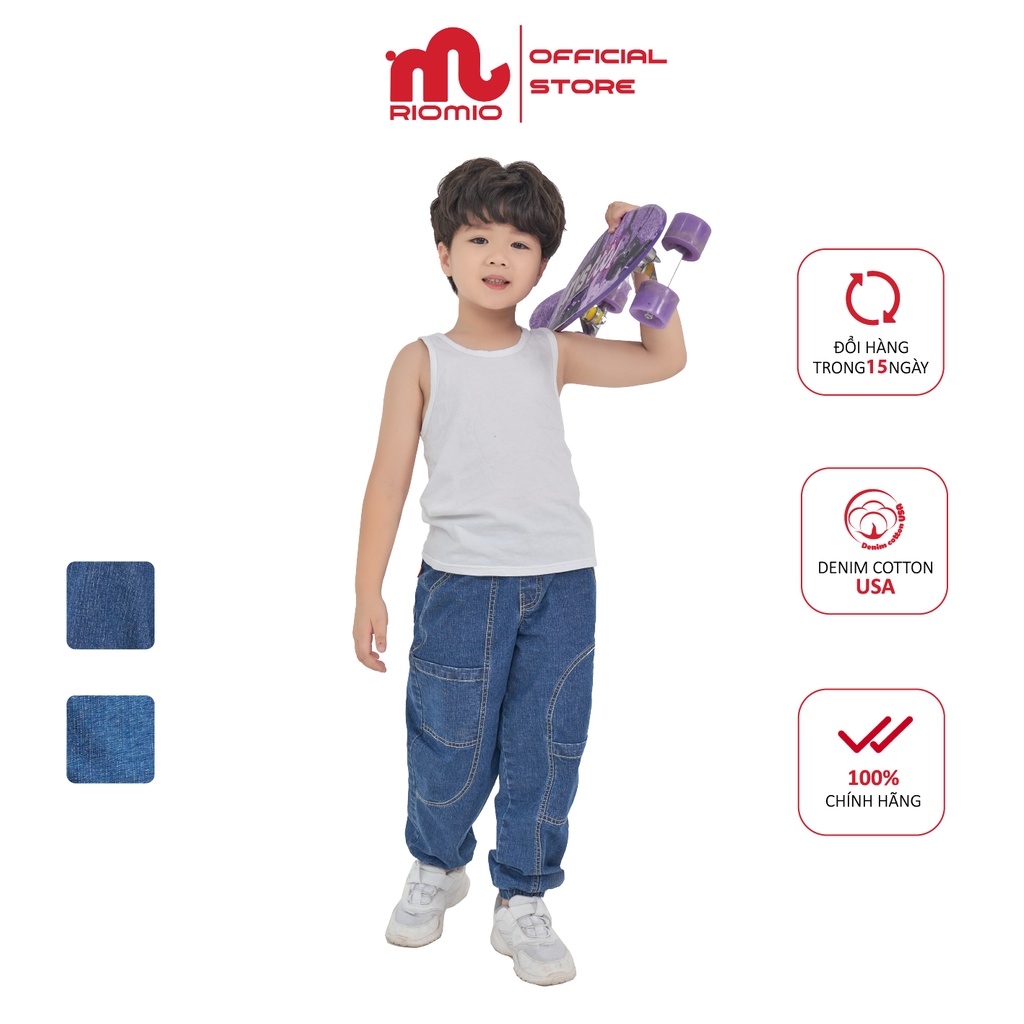 Quần jean cho bé trai 5-12 tuổi size 20-50kg RIOMIO ống rộng cạp chun bo gấu 100% cotton jean sợi coolmax - RM280