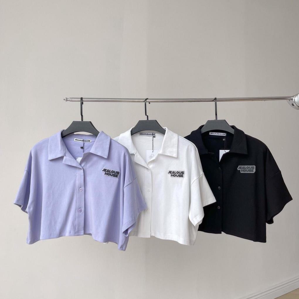 [Hàng VNXK]Áo Croptop Cổ Bẻ Chữ Ngực Nữ- Phông Thun Polo Chữ Ngực Cộc Tay Ullzang Đen|Trắng|Tím Siêu Hot