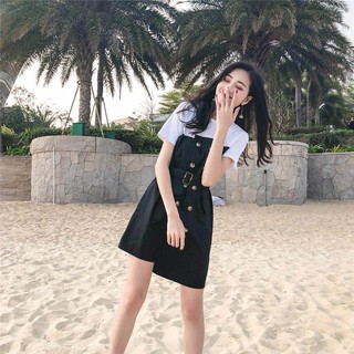 ORDER Đầm kate phối áo thun trắng kèm đai