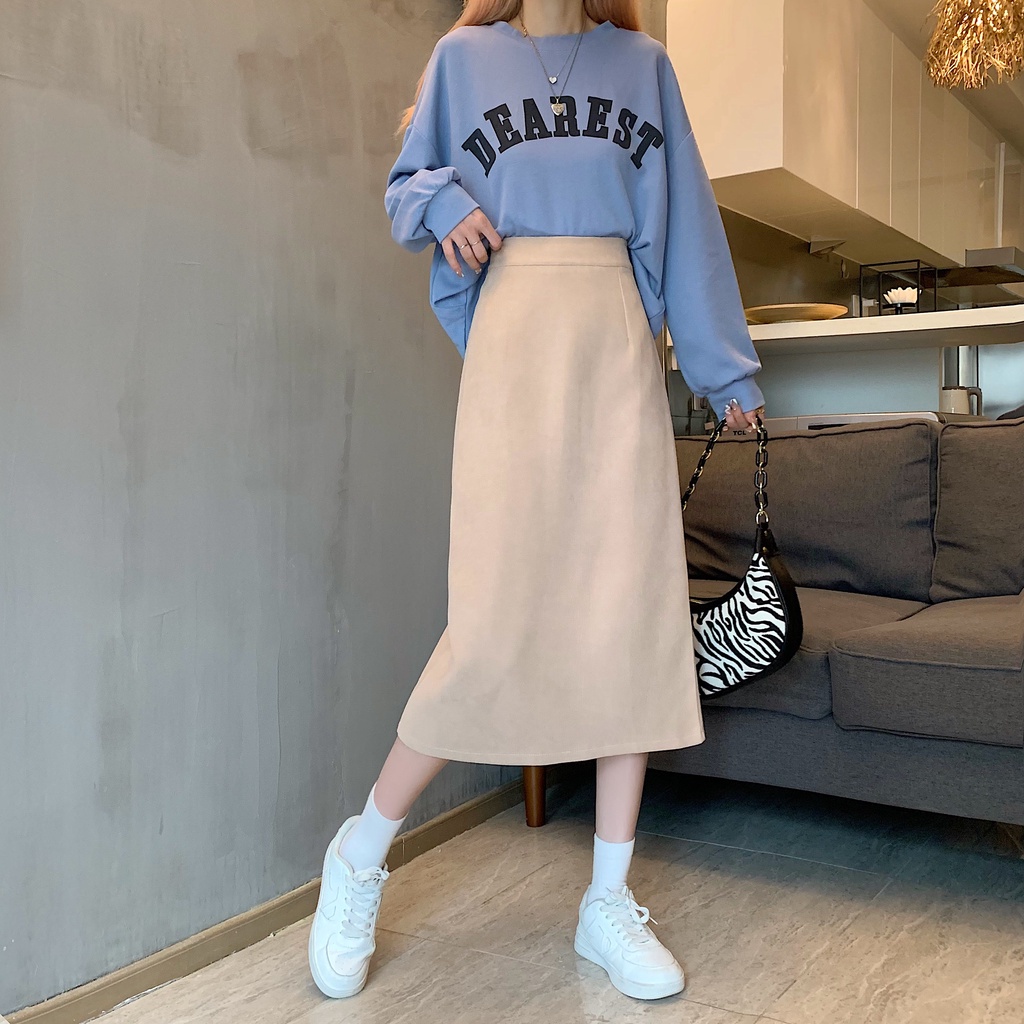 Chân váy midi SUXI lưng cao đơn giản phong cách Hàn Quốc