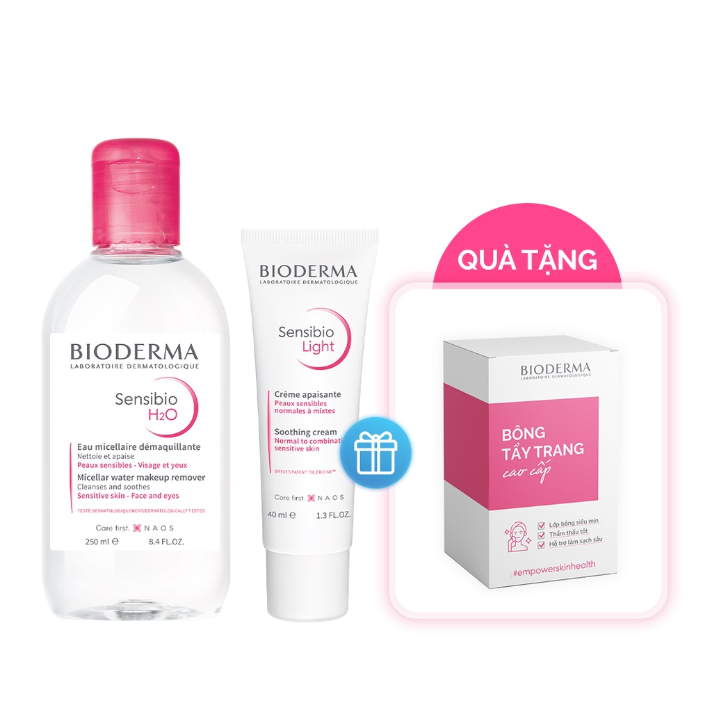 Bộ sản phẩm nước tẩy trang micellar cho da nhạy cảm Bioderma Sensibio H2O 250ml và kem dưỡng Sensibio Light 40ml