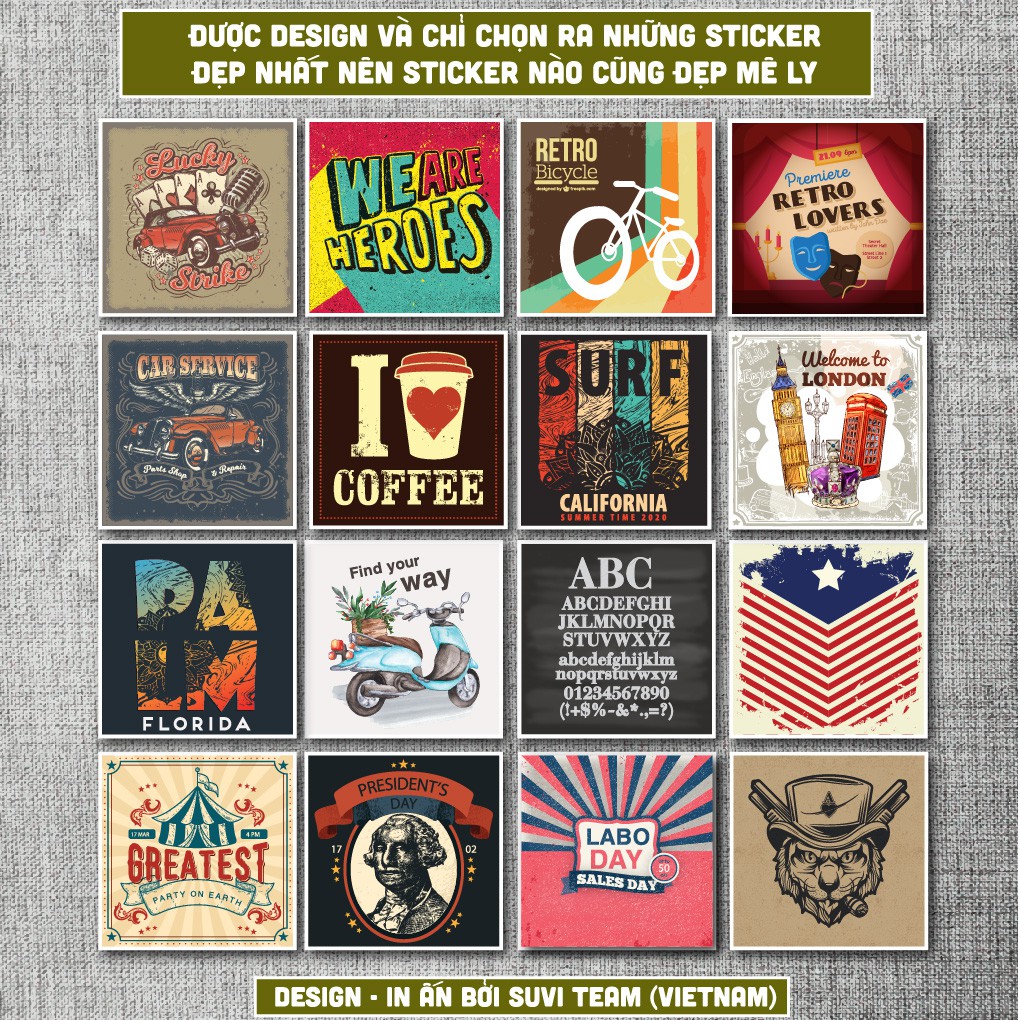 50 Sticker Vintage Cổ Điển chống nước sticker dán laptop, điện thoại, đàn guitar, mũ bảo hiểm, vali. MSP: V02