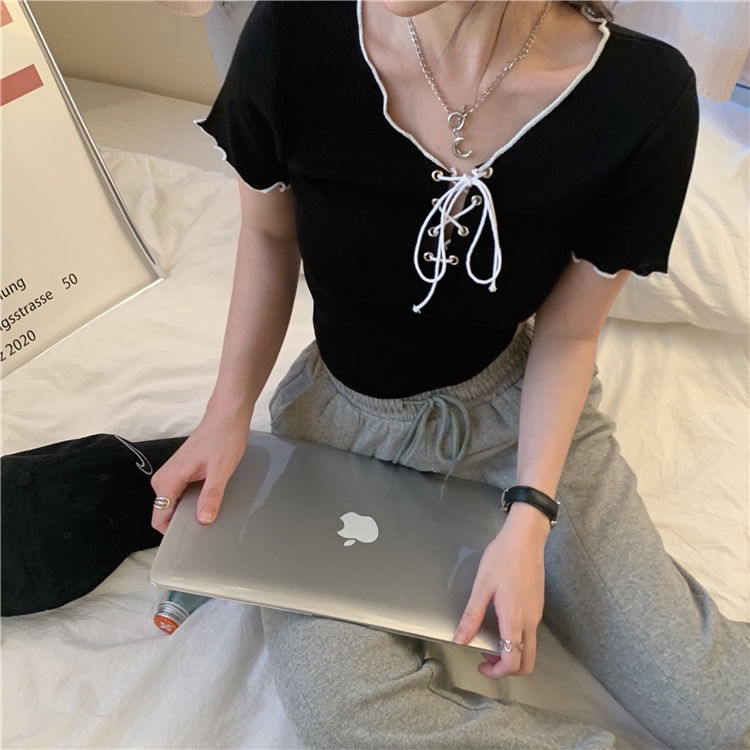 Áo Thun Tay Ngắn Cổ Chữ V Dáng Ôm Phối Màu Đen Trắng Cho Nữ