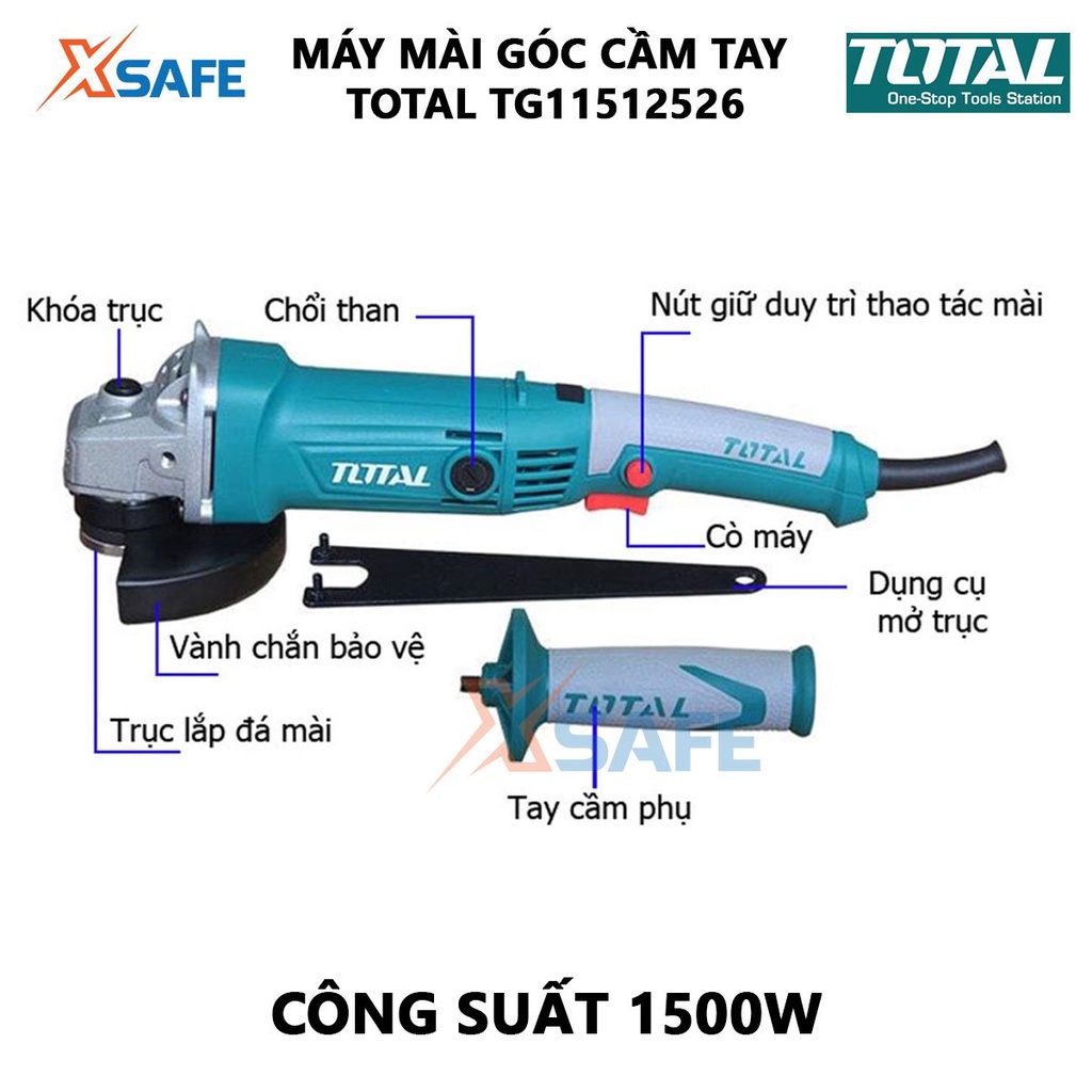 Máy mài góc TOTAL TG11512526 Máy mài cầm tay 1500W Điện áp 220V-240V, nhỏ gọn, đường kính đĩa cắt 125mm[XSAFE]