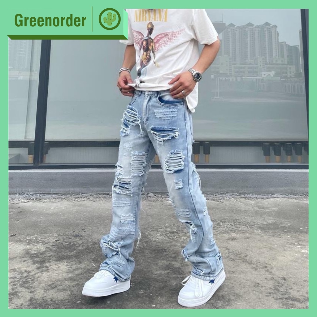 Quần Jean unisex ống rộng rách bụi bặm thiết kế độc đáo