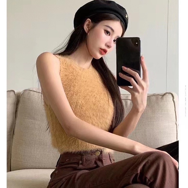 Cocory vn Áo Tank Top Sát Nách Cổ Tròn Màu Trơn Quyến Rũ Thời Trang Cho Nữ