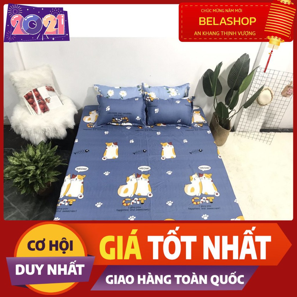 [Bộ ga gối 3 món]Bộ Ga Gối Cotton PoLy Hàn Quốc 1m2,1m4,1m5,1m6,1m8,mèo xanh