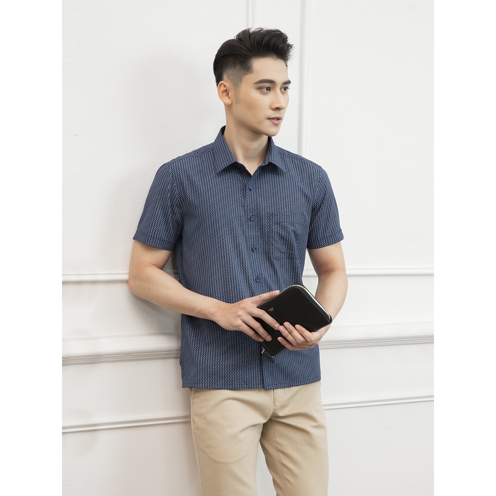 Áo sơ mi nam ngắn tay ARISTINO dáng Perfect fit, thiết kế tà bằng, họa tiết xanh tím than nổi bật - ASS097S1