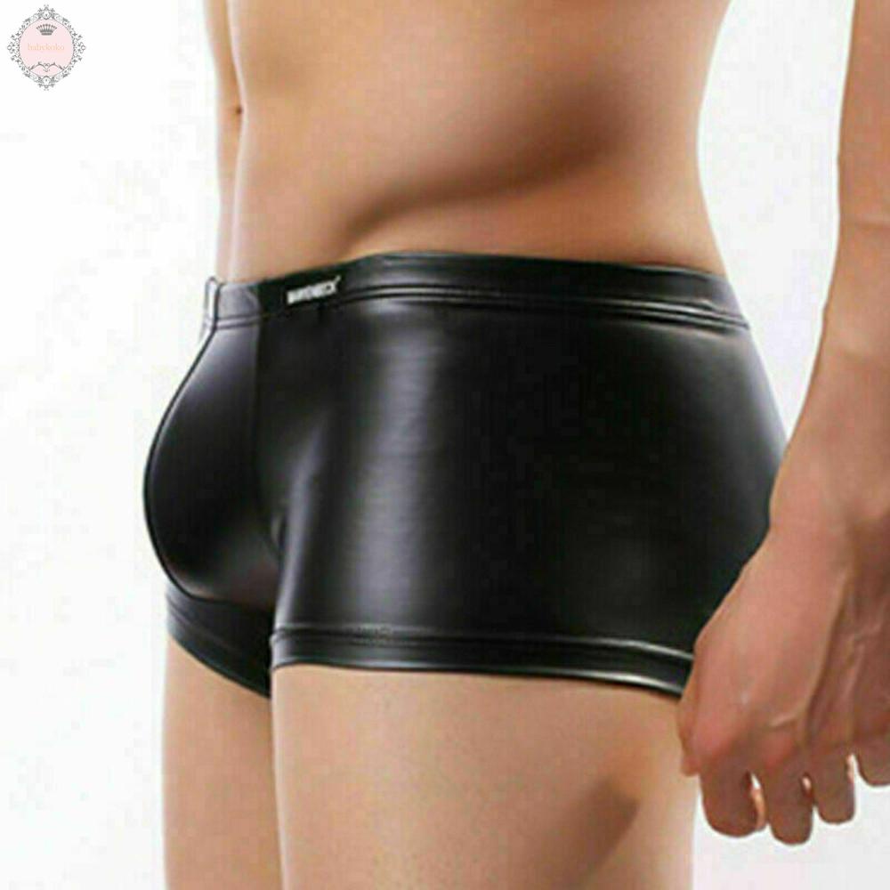 Quần lót boxer chất liệu da bóng màu đen trơn gợi cảm 2021