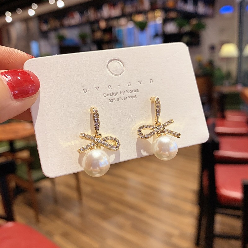 (MớI) Bông Tai HìNh Nơ ĐíNh HạT NgọC Trai Giả