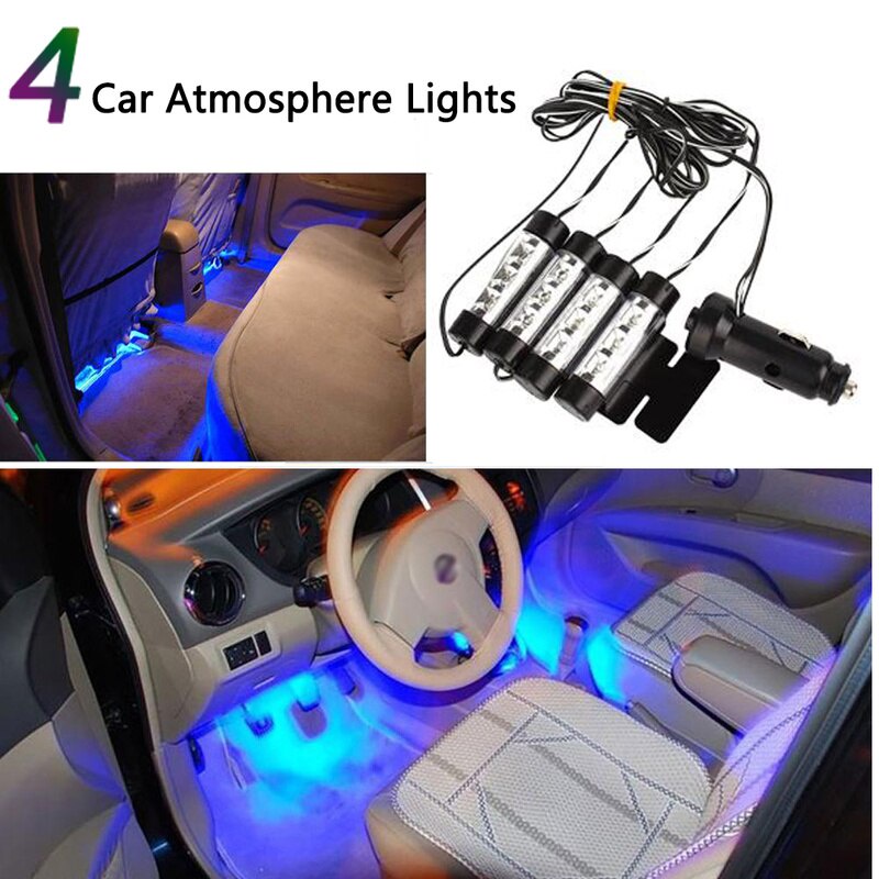 Bộ Dây Đèn Xanh Dương Chuyển Đổi Bật Lửa Điện Một Chân Trang Trí Nội Thất Xe Hơi Kèm Đèn Bốn Dây