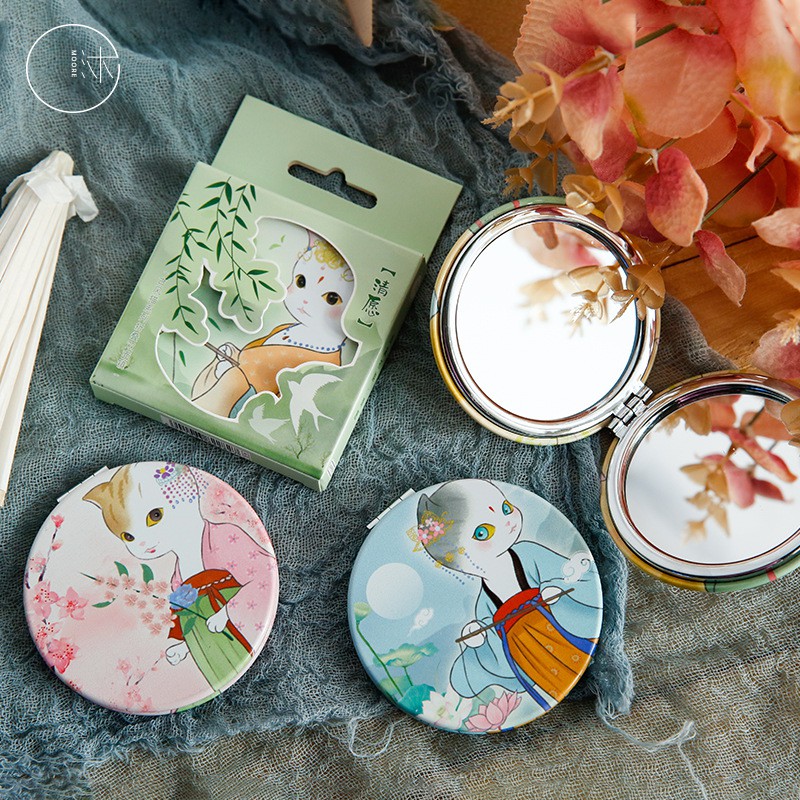 Gương trang điểm cầm tay hai mặt gấp được, mèo quý phái