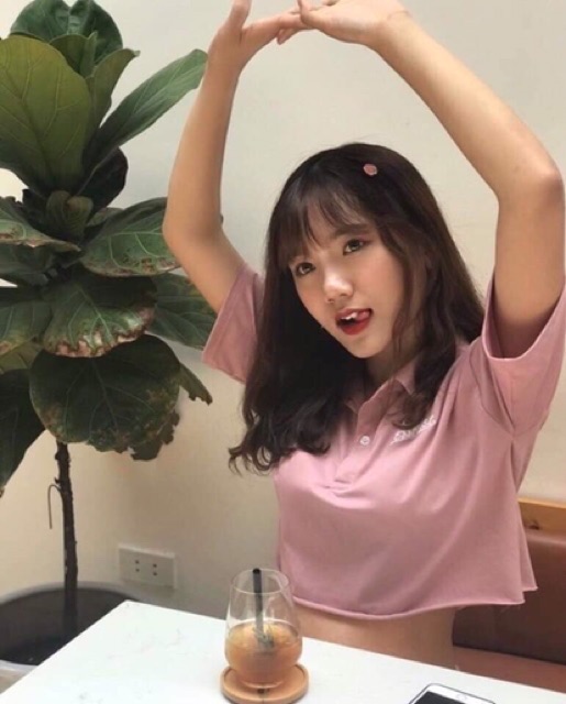 (Clip+ảnh thật) Áo croptop tay ngắn cổ bẻ thêu chữ Erroriel màu hồng dâu