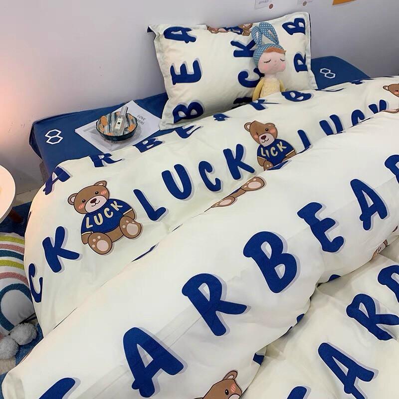 Bộ chăn ga gối , drap giường chất cotton poly họa tiết gấu luck bears