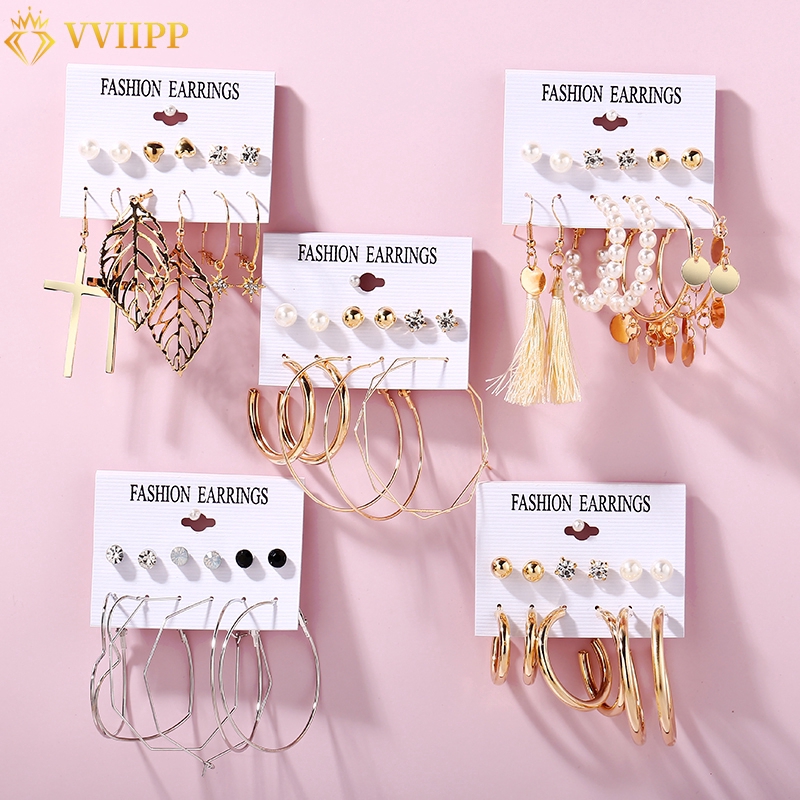 Set 6 cặp bông tai hình tròn tua rua cỡ lớn đính ngọc trai phong cách cổ điển xinh xắn cho nữ