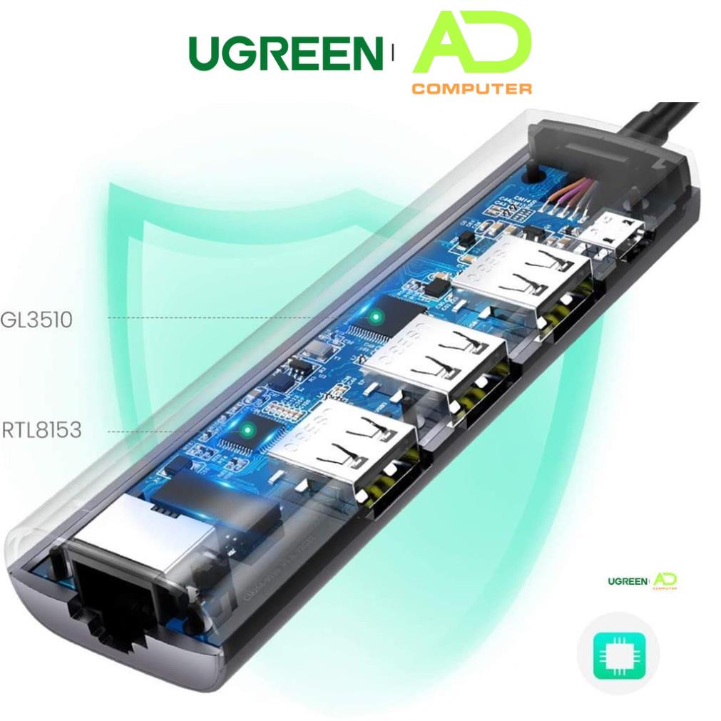 Bộ chuyển USB 3.0 sang LAN 1Gbps + Hub USB 3.0 3 cổng chính hãng UGREEN 60812 cao cấp