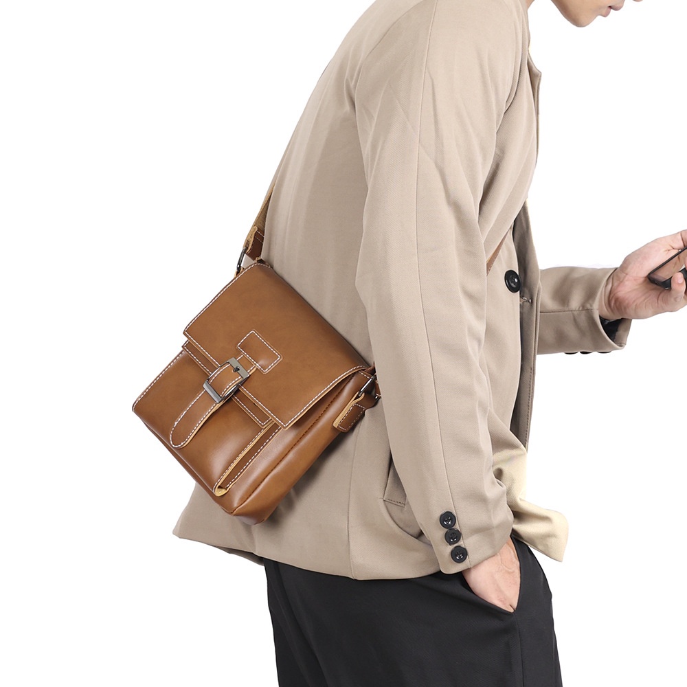 Túi xách nam đeo chéo da trơn chỉ nổi cặp nam hai ngăn thời trang màu đen bóp đeo ngực Hàn Quốc MINA