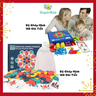 Bộ ghép hình sáng tạo pattern blocks 155 chi tiết superbee, đồ chơi gỗ, giáo dục tư duy cho bé
