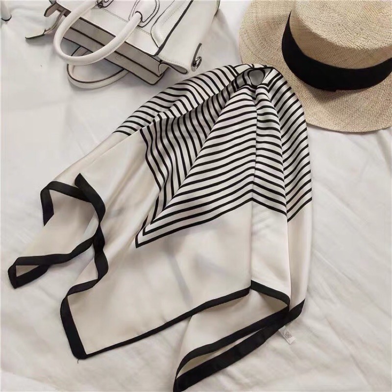 Khăn turban lụa vuông 70cm kẻ sọc đen trắng -Maben