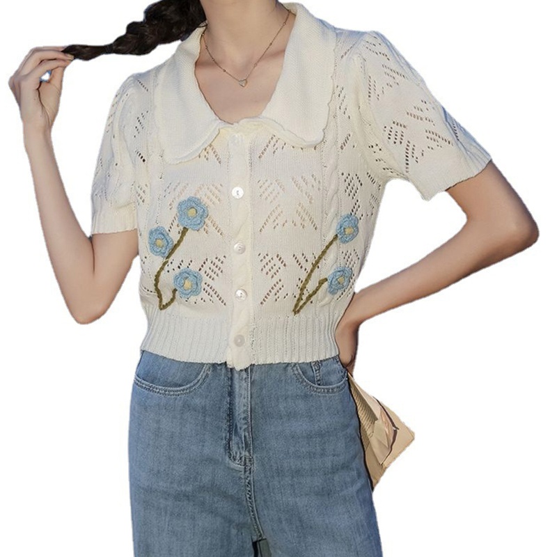 Áo Croptop Dệt Kim Tay Ngắn Thêu Hoa Xinh Xắn Thời Trang Mùa Hè Cho Nữ
