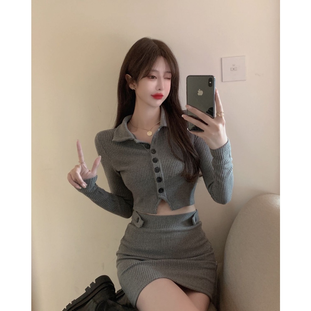 Set áo thun cổ polo + chân váy lưng cao thời trang nữ