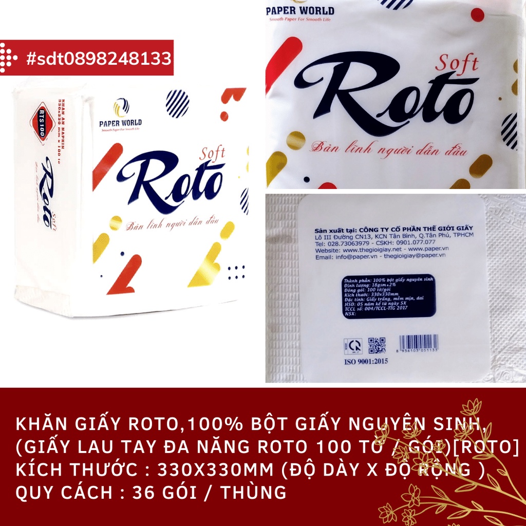 khăn giấy roto,100% bột giấy nguyên sinh, an toàn cho sức khỏe người dùng (giấy lau tay đa năng roto 100 tờ / gói)[ROTO]