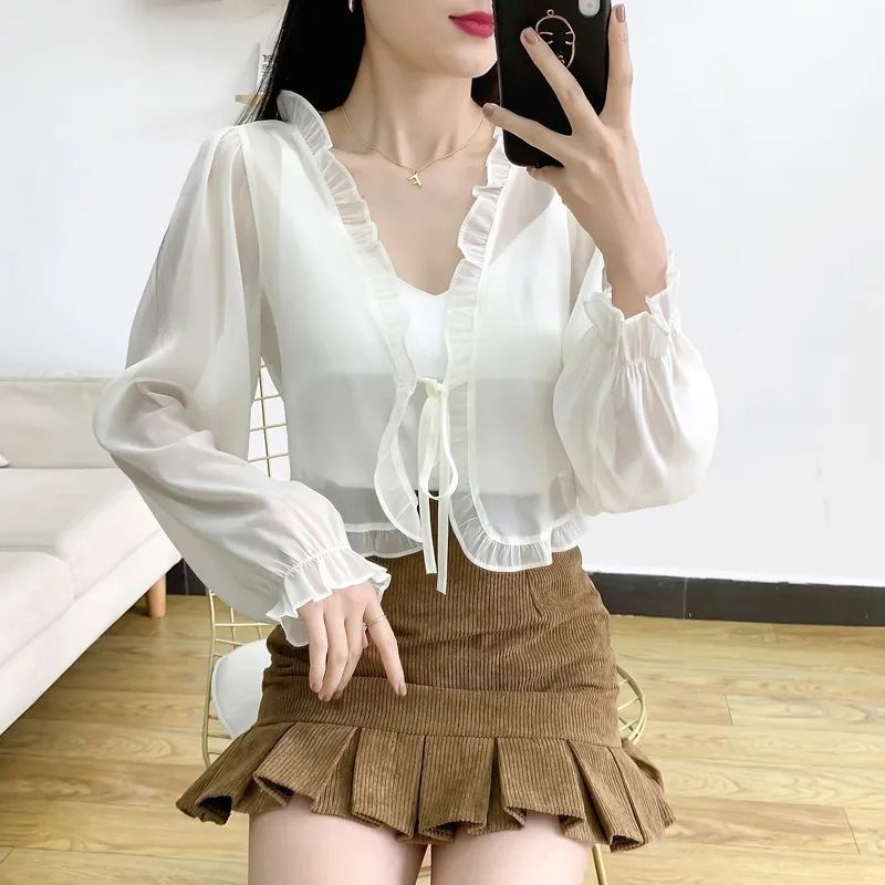 Áo Khoác Cardigan Ngắn Vải Chiffon Mặc Ngoài Dễ Phối Đồ Thời Trang Cho Nữ