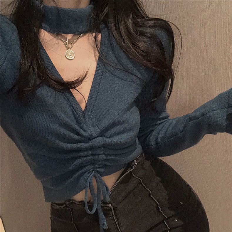 Áo croptop tay dài len dệt kim cổ chữ V thiết kế rút dây quyến rũ cho nữ G-5