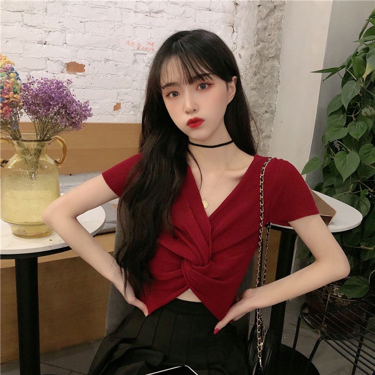 Áo Thun Dệt Kim Tay Ngắn Thiết Kế Đan Chéo Quyến Rũ Thời Trang Mùa Hè Cho Nữ