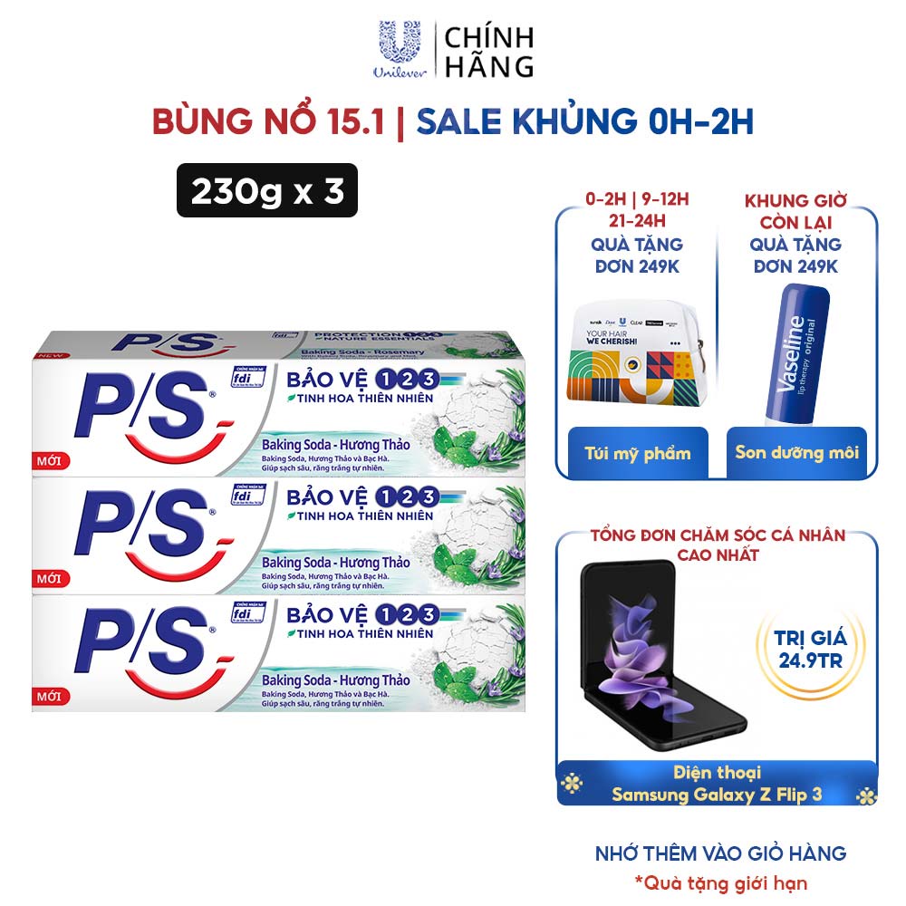 Bộ 3 Hộp Kem Đánh Răng P/S Thiên Nhiên Baking Soda - Hương Thảo Trắng Răng Tự Nhiên 230G